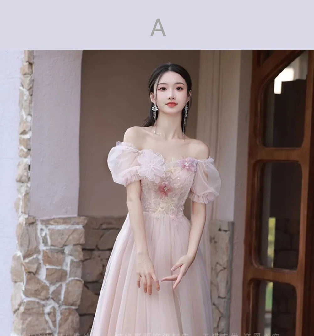 4 Styles Pink Bridesmaid Dress Women's Elegant Thin Tulle Off The Shoulder Flower Appliques A-line Wedding Party Guest Vestido - Seprincess