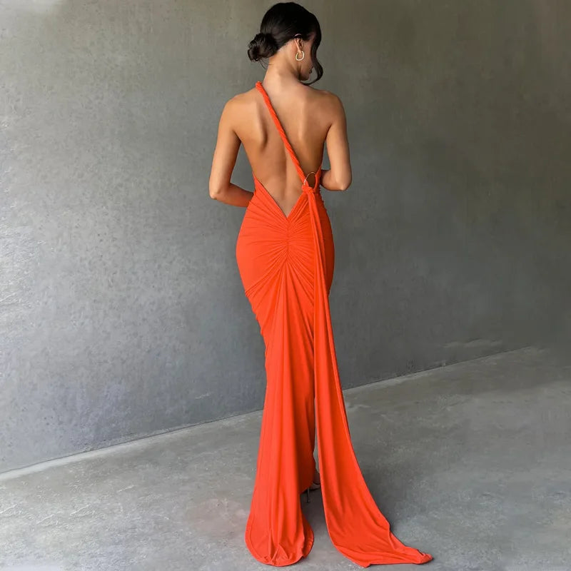 Womens Elegant Evening Party Cocktail Long Dress Sexy Backless Open Back Ruched Slim Bodycon Formal Wedding Guest Maxi Dress