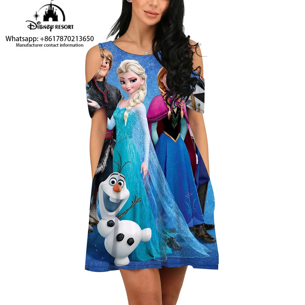 Round neck printed dress Frozen cartoon printed new casual off-shoulder dress female cartoon printed dress - Seprincess