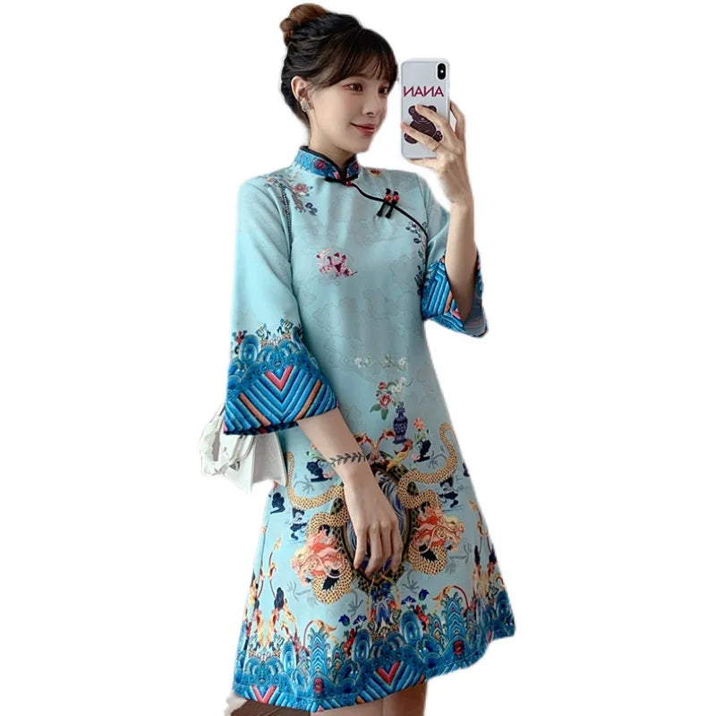 Ins Red Blue Loose 2021 New Fashion Modern Chinese Cheongsam A-line Dress Women 3/4 Sleeve Qipao Traditional Chinese Clothes - Seprincess