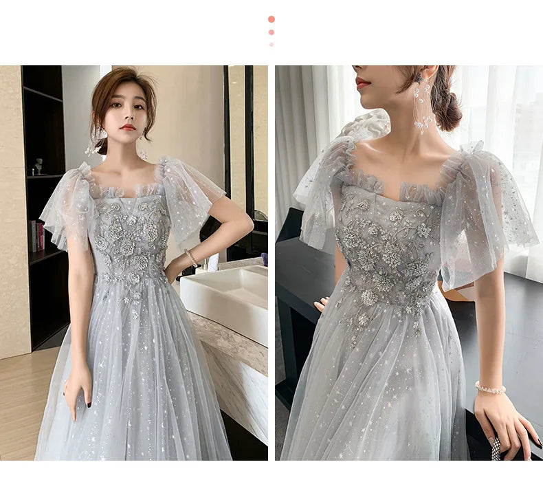 Grey Bridesmaid Dresses Elegant Women Applique Off The Shoulder Floor Length Tulle Wedding Party Dress Formal Prom Gowns - Seprincess