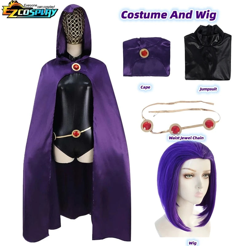 Teen Titans Raven Cosplay Costume Deluxe Jumpsuit Cloak Belt Suit Halloween Uniform for Women XS-3XL - Seprincess