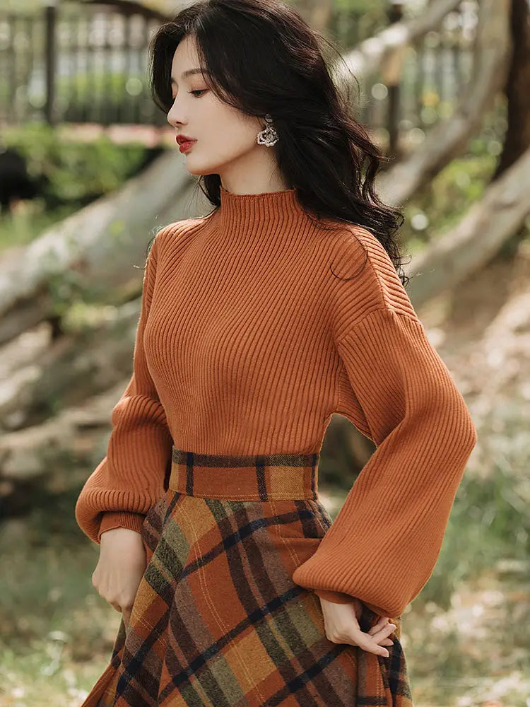 Women's Spring Autumn Vintage Plaid Long Skirts Sweater Two-Piece Set French Lady Graceful Knit Pullover High Waist Skirt Outfit - Seprincess