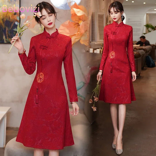 High-end Chinese Style Mom Embroidered Cheongsam Autumn Long Sleeve Red Pink Apricot Dress Dinner Qipao Clothing New Year CNY - Seprincess