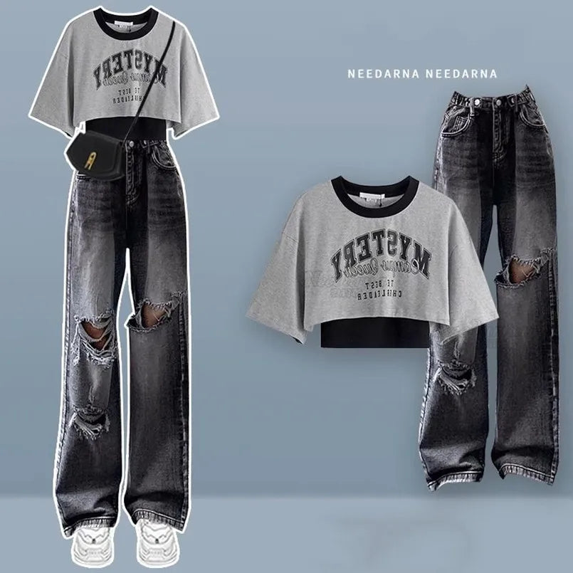 Spring/Summer Sweet Cool Set for Female Students Korean Fashion T-shirt+Personalized Ripped Jeans Two-piece Set - Seprincess