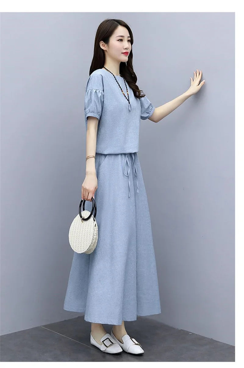 Cotton Linen Skirt Two-Piece Women's Summer 2024 New Set Slim Skirts Sleeve Suit Skirts Fashion 2PCS Temperament Female Outfit - Seprincess