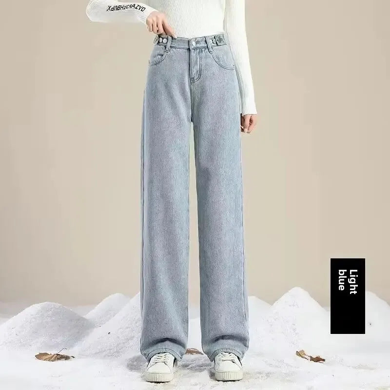 Thickened Fleece-lined High-waisted Jeans Women's Winter 2024 New Style Loose Fit Bell Bottoms Warm Outer Wear For Students