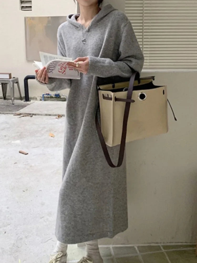 Hooded Long Knitted Dress Women Simple V-neck Style Loose Solid Color Straight Tube Pullover Inner Lining Long Skirt Women - Seprincess