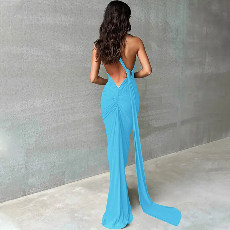 Womens Elegant Evening Party Cocktail Long Dress Sexy Backless Open Back Ruched Slim Bodycon Formal Wedding Guest Maxi Dress