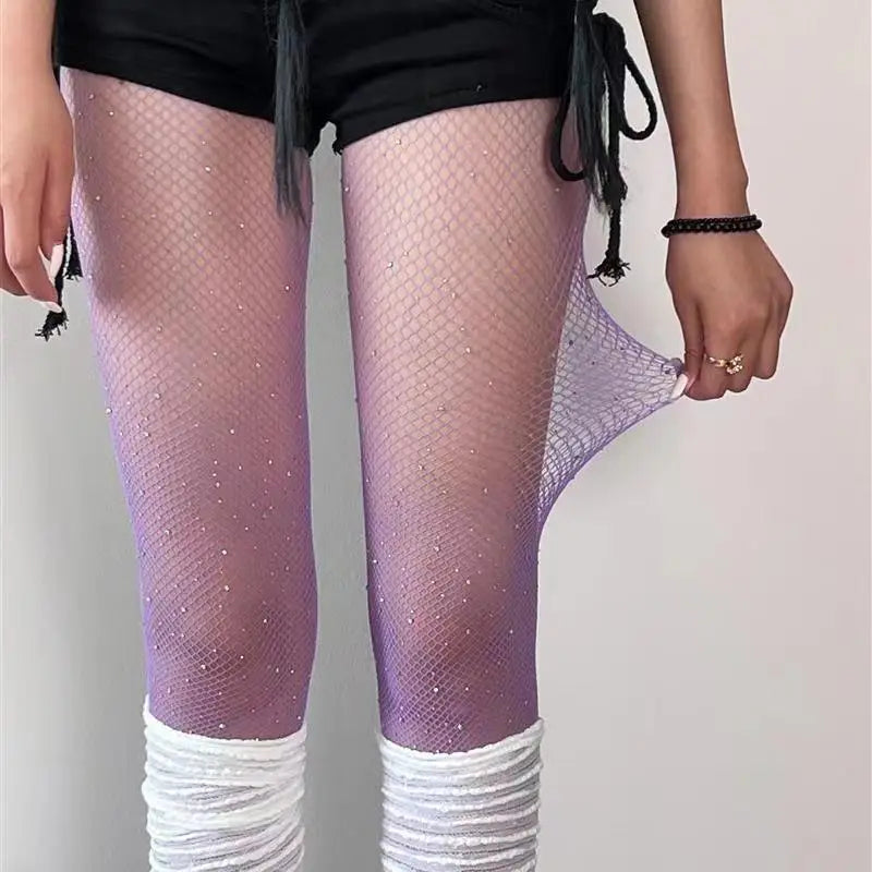 Women's Fashion Sexy Rhinestone Pantyhose High Elastic Mesh Hollowed Out Black Stockings Girls' Slim Fishing Net Tights JK Gift