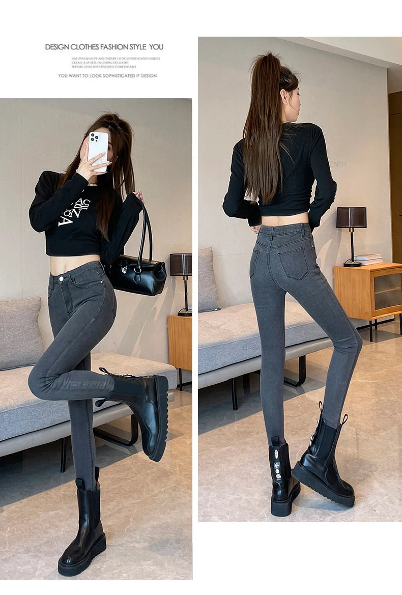 Skinny Jeans Women's Elastic High Waist Slim Fashion Korean Pencil Pants Spring New Leggings Black Gray Light Blue