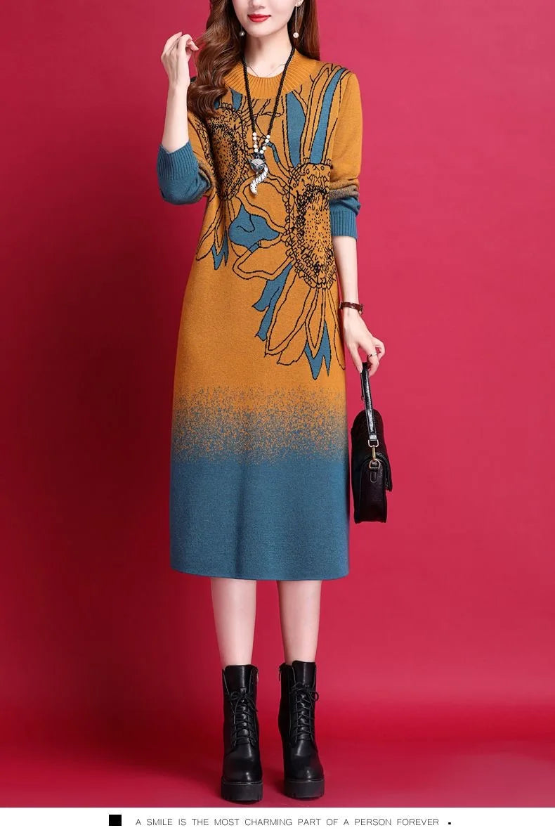 Office Lady Korean Fashion Knitted Dresses 2023 New Winter Slim Wool Elegant Jacquard Sweater Dress - Seprincess