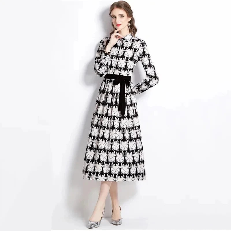 2024 Dresses Holiday Paisley Print Party Dress Women's Stand Long Sleeve Single Breasted Floral Print Belt  Maxi Robe Vestidos - Seprincess