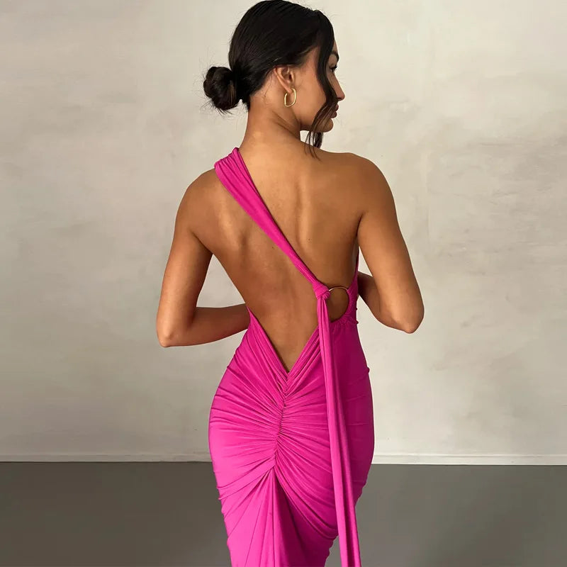 Womens Elegant Evening Party Cocktail Long Dress Sexy Backless Open Back Ruched Slim Bodycon Formal Wedding Guest Maxi Dress