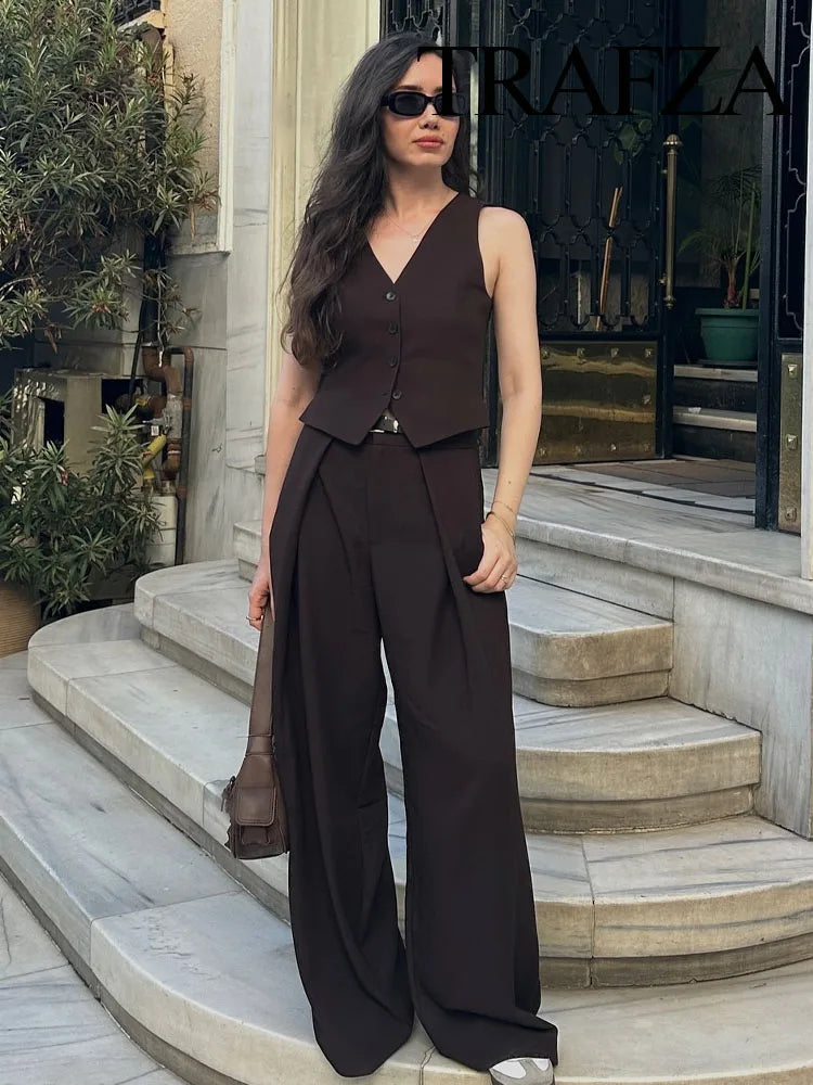 TRAFZA Female Sets V-Neck Sleeveless Side Slit Single Breasted Vest+High Waist Pockets Sashes Wide Leg Pants Women Fashion Suit - Seprincess