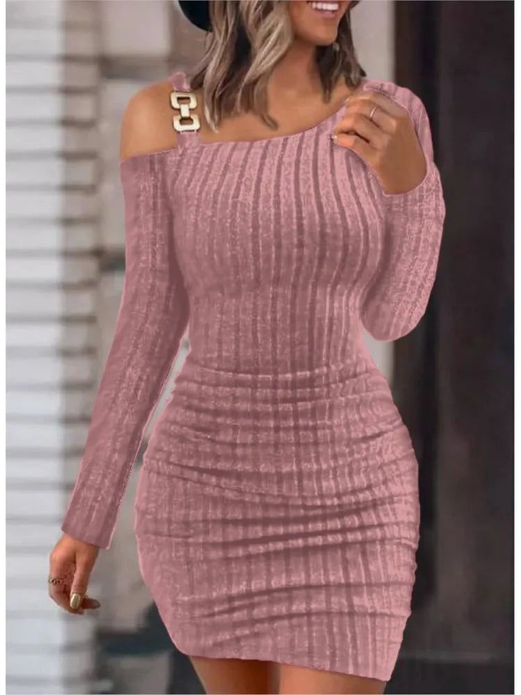 Sexy Chain Off Shoulder Mini Dress Women Autumn Fashion Bodycon Long Sleeve Dresses For Women Winter Skinny Knitted Vestidaos - Seprincess