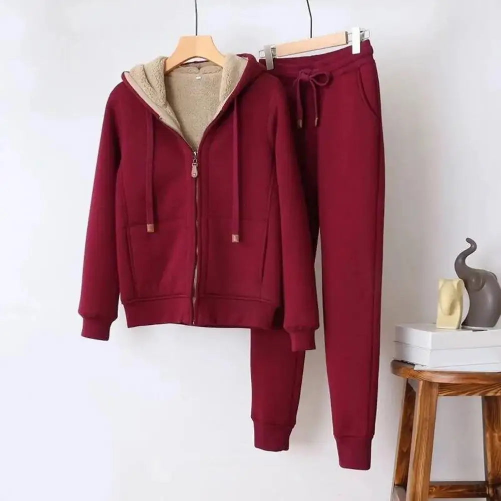 Wool Lamb Fleece Sweatshirt Pants Women Outfit Hoodies Jogger Pants Two-piece Set Thickened Drawstring Autumn Women Sports Suit - Seprincess