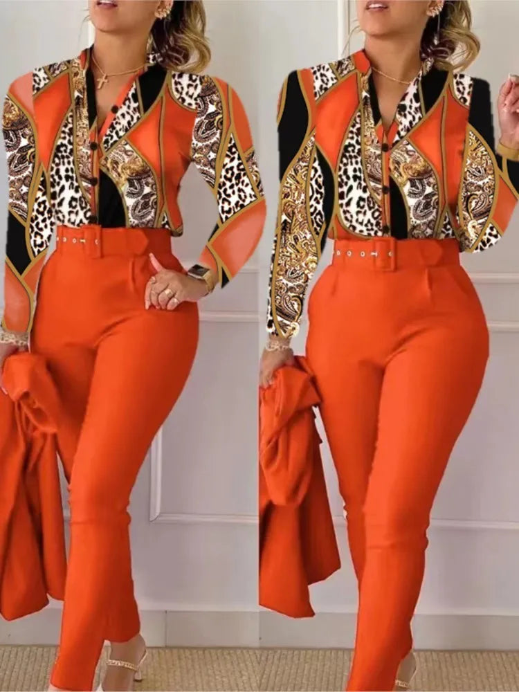 Elegant Women Printed Two Piece Suit Sets Spring Autumn V Neck Long Sleeve Shirt Top & Long Pants Set With Belt Workwear Outfits