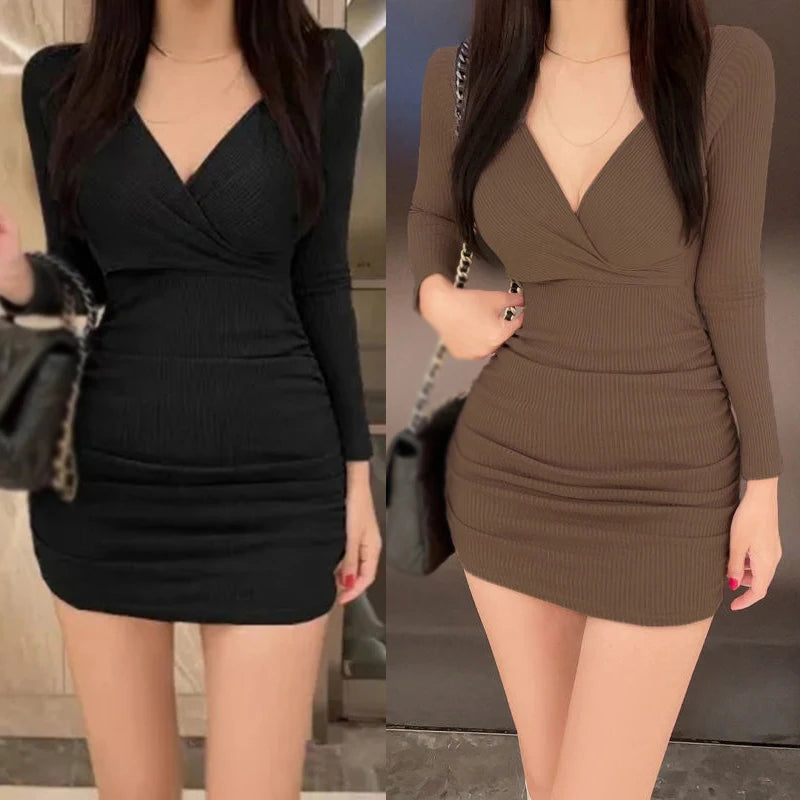 Long Sleeved Sexy Dress Women Clothing Autumn Winter Tight Fitting Skirt Appear Thin Wrap Buttocks Dresses - Seprincess