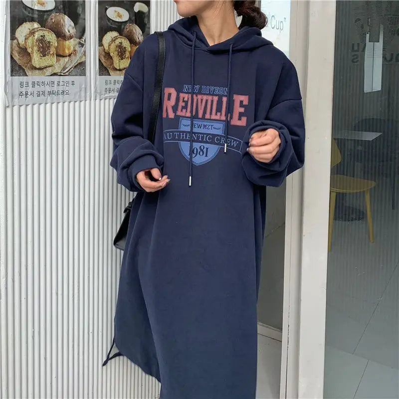 Autumn Winter Women Fleece Thicken Hooded Dress Print Letter Drawstring Korean Fashion Loose Midi Side Slit Oversized Dresses