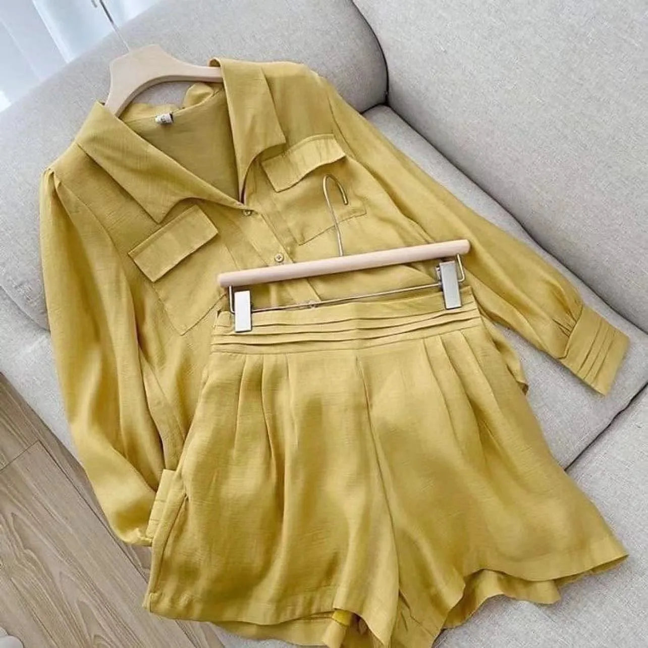 Spring Shirt Two Piece Set For Women Summer Shorts 2 Piece Sets Suits Solid Color Long Sleeve Shirt Short Casual Outfits Female - Seprincess