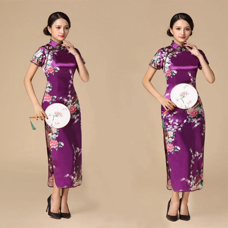 Women Satin Cheongsam Chinese Traditional Mandarin Collar Evening Party Dress Print Peacock Sexy Split Qipao Vestidso - Seprincess