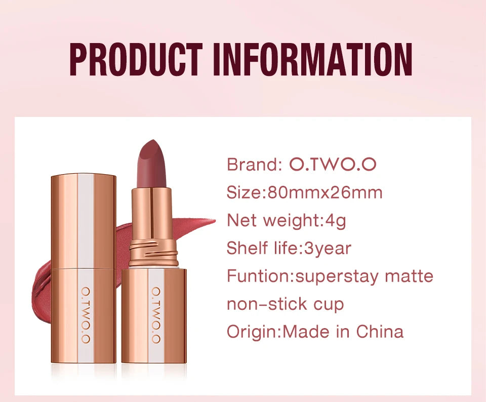 O.TWO.O Matte Lipstick Lip Tint 8 Colors Waterproof Long Lasting Non-stick Cup Sexy Highly Pigmented Velvet Lip Sticks Lip Stain - Seprincess