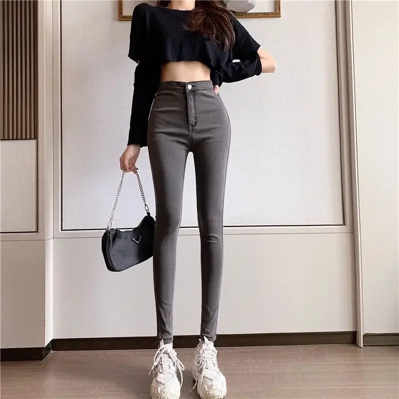 Slim Fit Pants for Women with Pockets High Waist Shot Trousers Skinny Gray Womens Jeans New in 2000s Y2k R Vintage Shiny on Sale