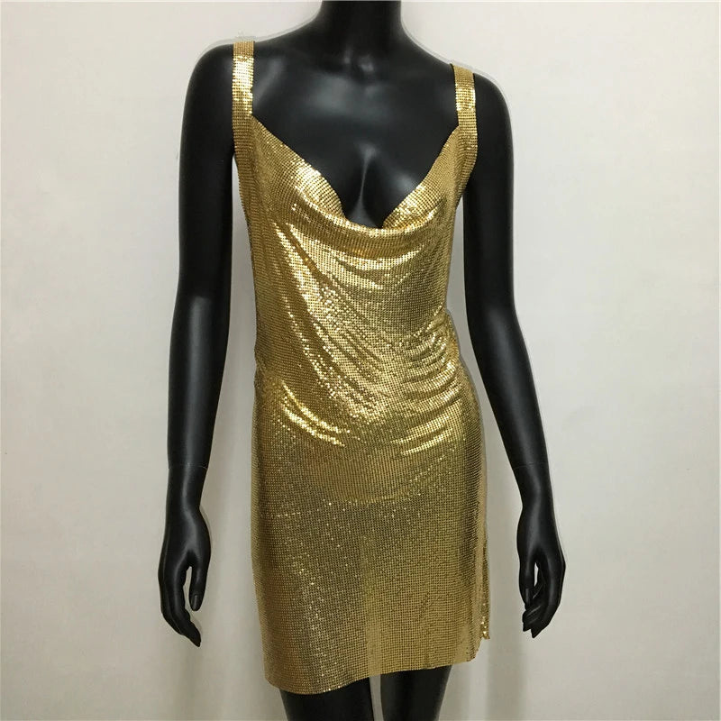 Sexy Metallic Sequin Mini Dress For Women Backless Cocktail Club Glitter Low Cut Halter Dress Rave Party Nightclub Dresses - Seprincess