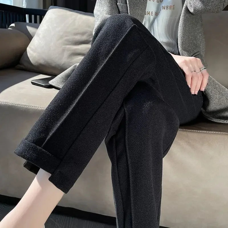 Winter Woolen Pants for Women Thicken Warm Ankle-Length Harem Pants Office Lady Khaki Elastic Waist Fashion Women's Trousers