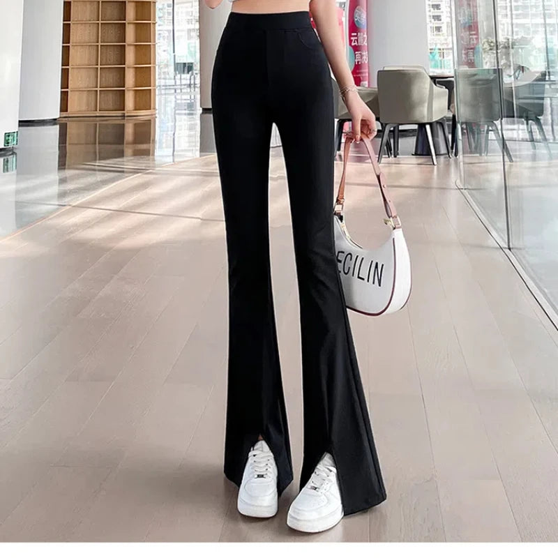 Spring Autumn Women's Clothing Solid Elastic High Waisted Pockets Casual Formal Trousers Straight Office Lady Cropped Pants