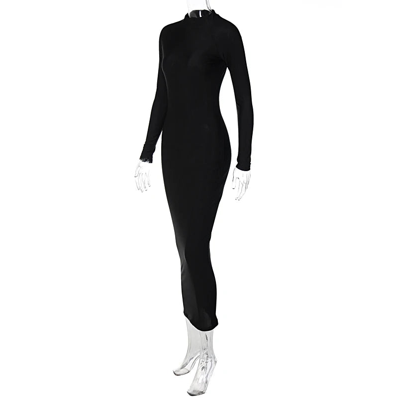 2022 Black Long Sleeve Zip Up Midi Dress Bodycon Sexy Streetwear Festival Clothing Y2K Party Club Outfits Autumn Winter - Seprincess