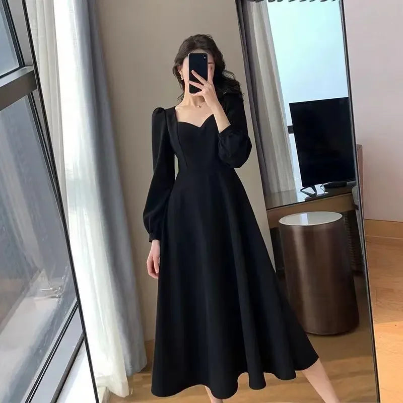 Spring 2022 New Vintage V-neck Long Black Dress Women's Elegant Legging Dress Hebon Style - Seprincess