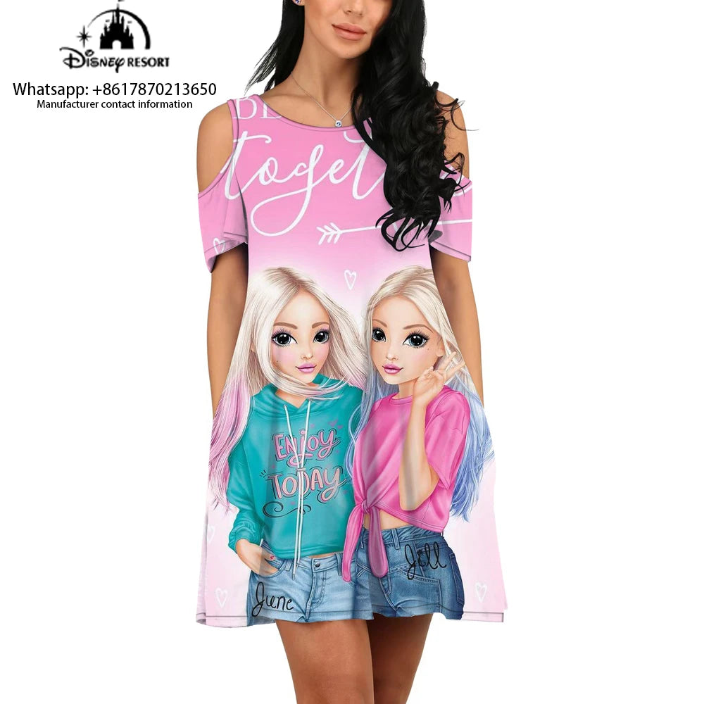 Round neck printed dress Frozen cartoon printed new casual off-shoulder dress female cartoon printed dress - Seprincess