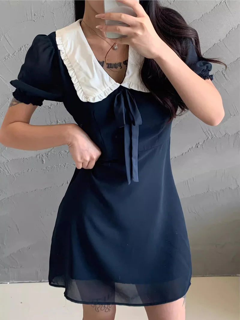 Women Oversized Collar Puff Sleeve Mini Dress With Bow Detail - Seprincess