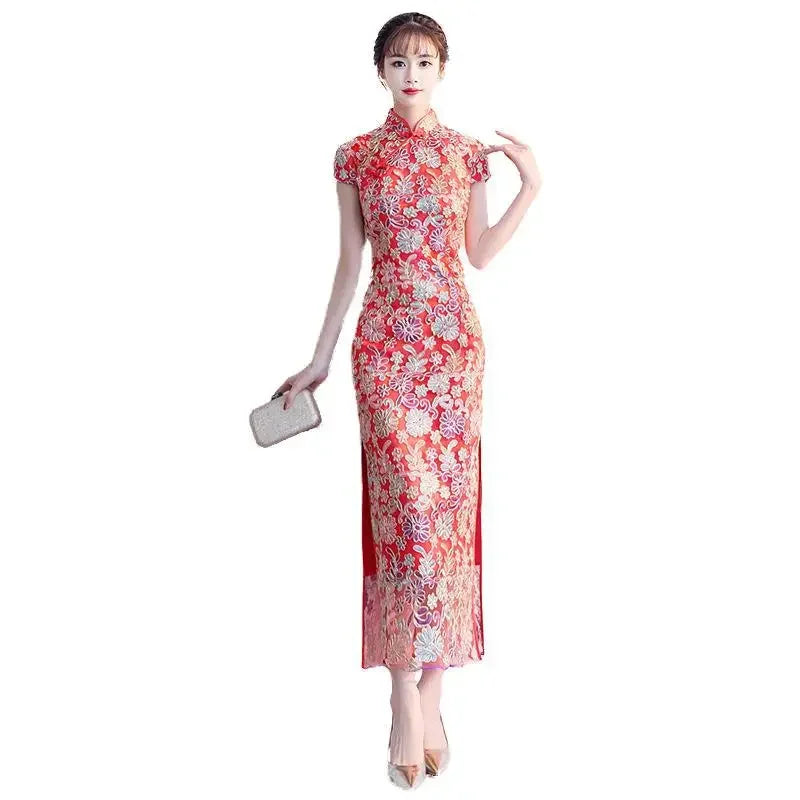 New model 2024 Womens Dress Fashion Chinese Style Elegant Long Qipao Luxury Wedding Robe Red Lace Bride Party Cheongsam Oriental - Seprincess