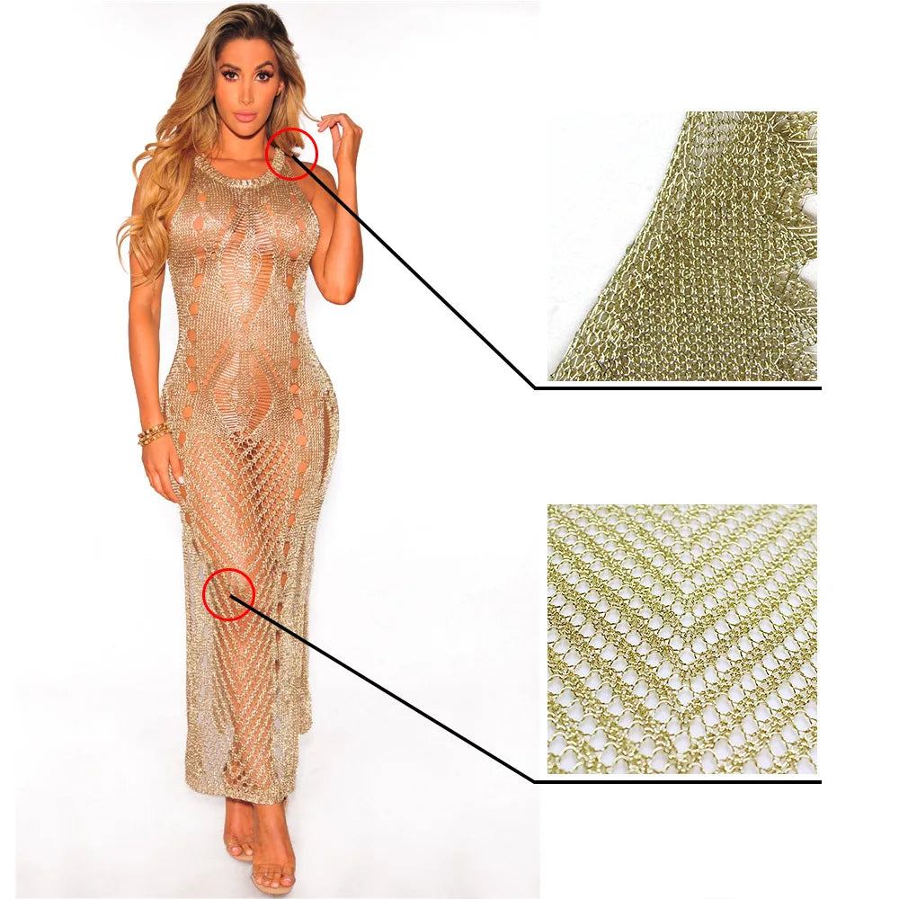 Sexy Sleeveless See Through Gold Metallic Distressed Knitted Beach Dress Covers Women Stretchy Mesh Dress Clubwears maxi dress - Seprincess