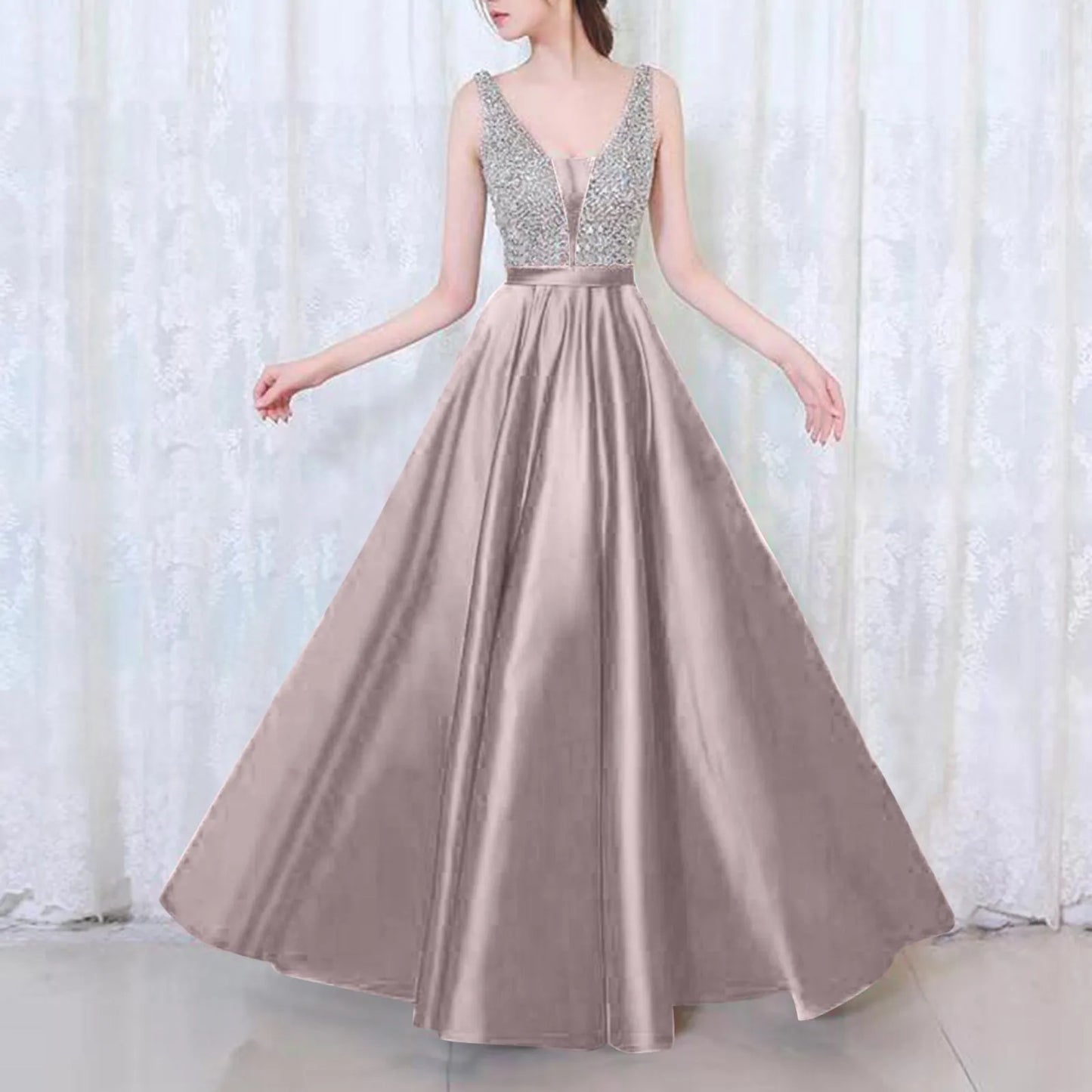 A Line Elegant Sequined Long Prom Dresses Ladies Deep V Neck Solid Color Satin Ruffles Formal Party Dresses Bridesmaid Dress - Seprincess