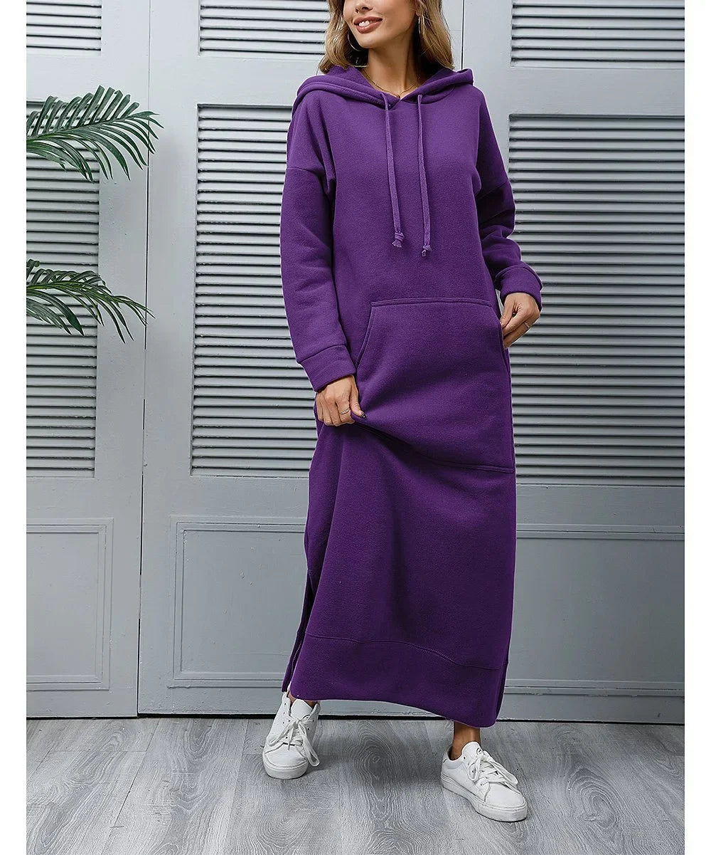 Women Dresses Autumn Winter hoodies Hooded Big Pocket Sweaters Dress Long Sleeved Casual Loose Elegant Office Lady Vestidos - Seprincess