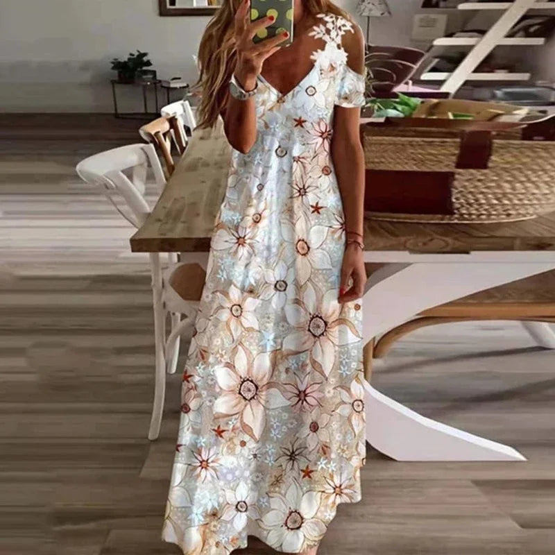 Women's Printed White Lace Sleeveless Suspender Dress Summer Fashion Casual Long Dress - Seprincess