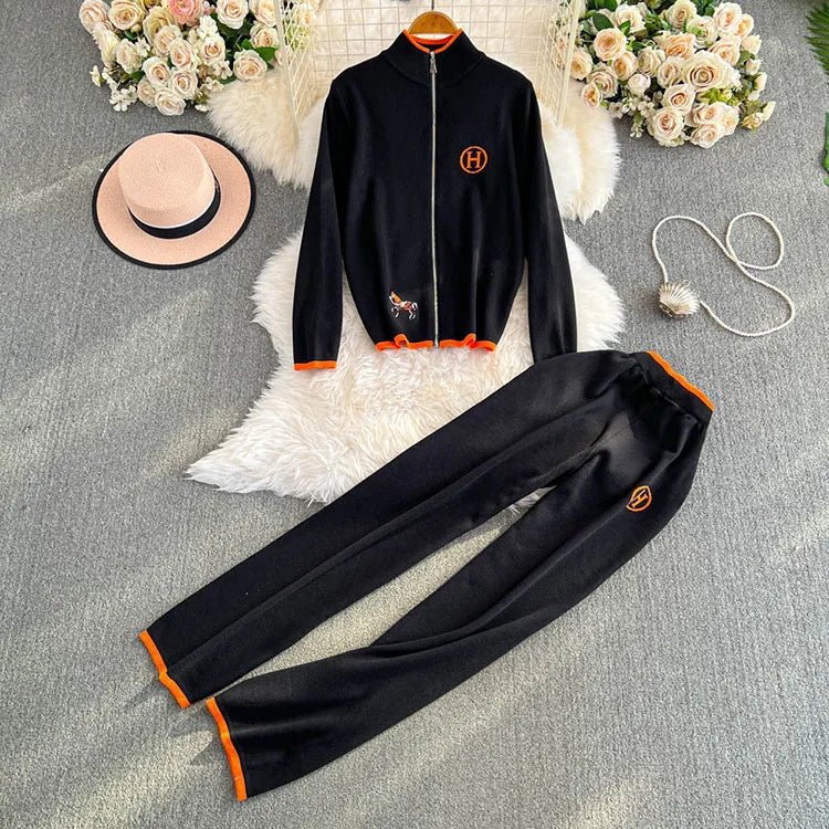 Women's Long Sleeved Knitted Sweater High Waist Slim Straight Leg Pants Two-piece Set Y2k Korean Autumn