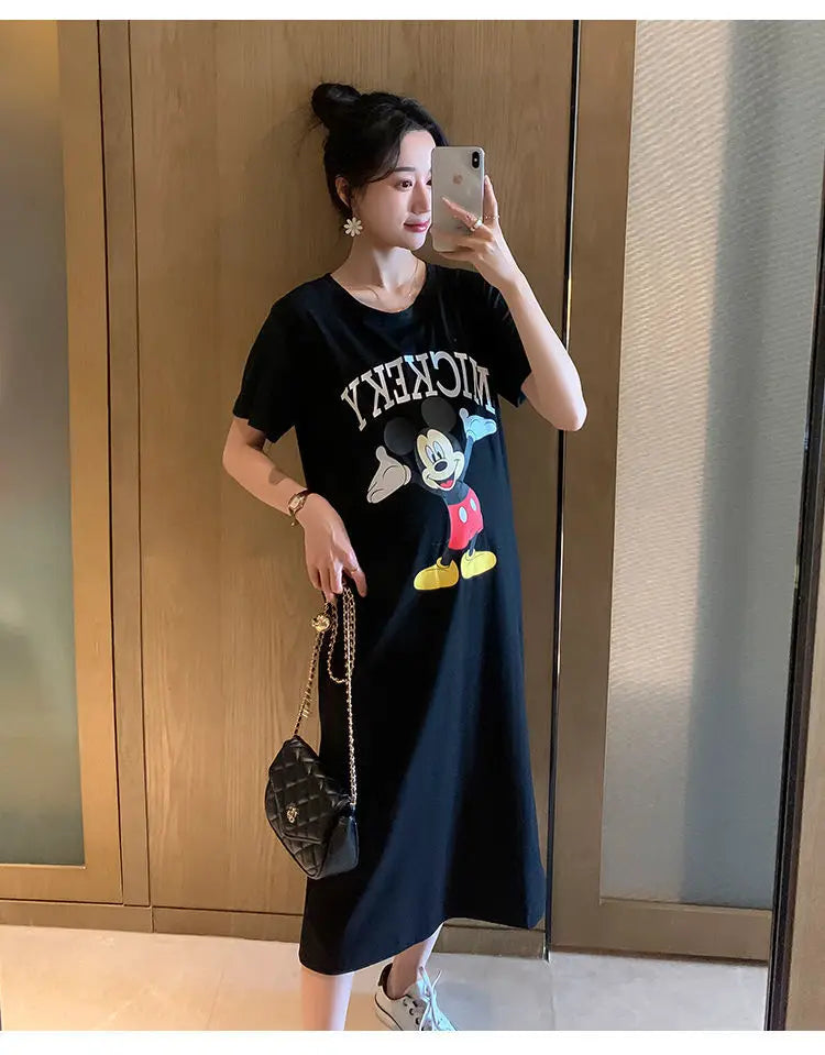 Disney Dongdaemun Maternity Dress Short Sleeve T-shirt Skirt 2022 Summer Cartoon Mickey Printed Summer Dress Fashion - Seprincess