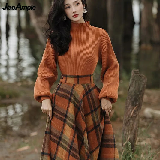 Women's Spring Autumn Vintage Plaid Long Skirts Sweater Two-Piece Set French Lady Graceful Knit Pullover High Waist Skirt Outfit - Seprincess