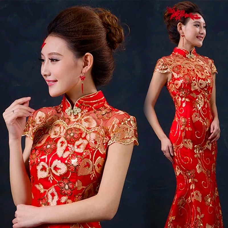 Red Chinese Wedding Dress Female Long Short Sleeve Cheongsam Gold Slim Chinese Traditional Dress Women Qipao for Wedding Party - Seprincess