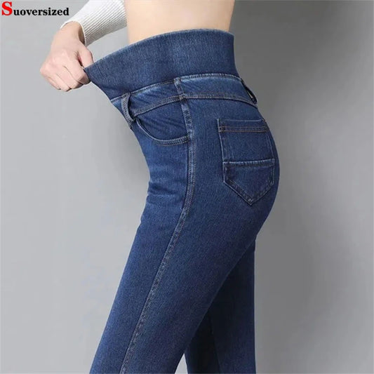 Stretch Classic High Waist Slim Pencil Jeans Women Blue Skinny Vaqueros Ankle-length Denim Pants Oversize 38 Vintage Pantalones