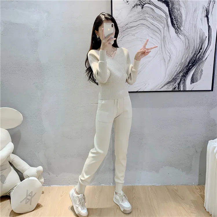 Elegant Tracksuit Sexy Two Piece Set Women Korean Style Ribbed Knitted Backless Top And Long Harem Pant Suit Autumn Outfits y2k - Seprincess