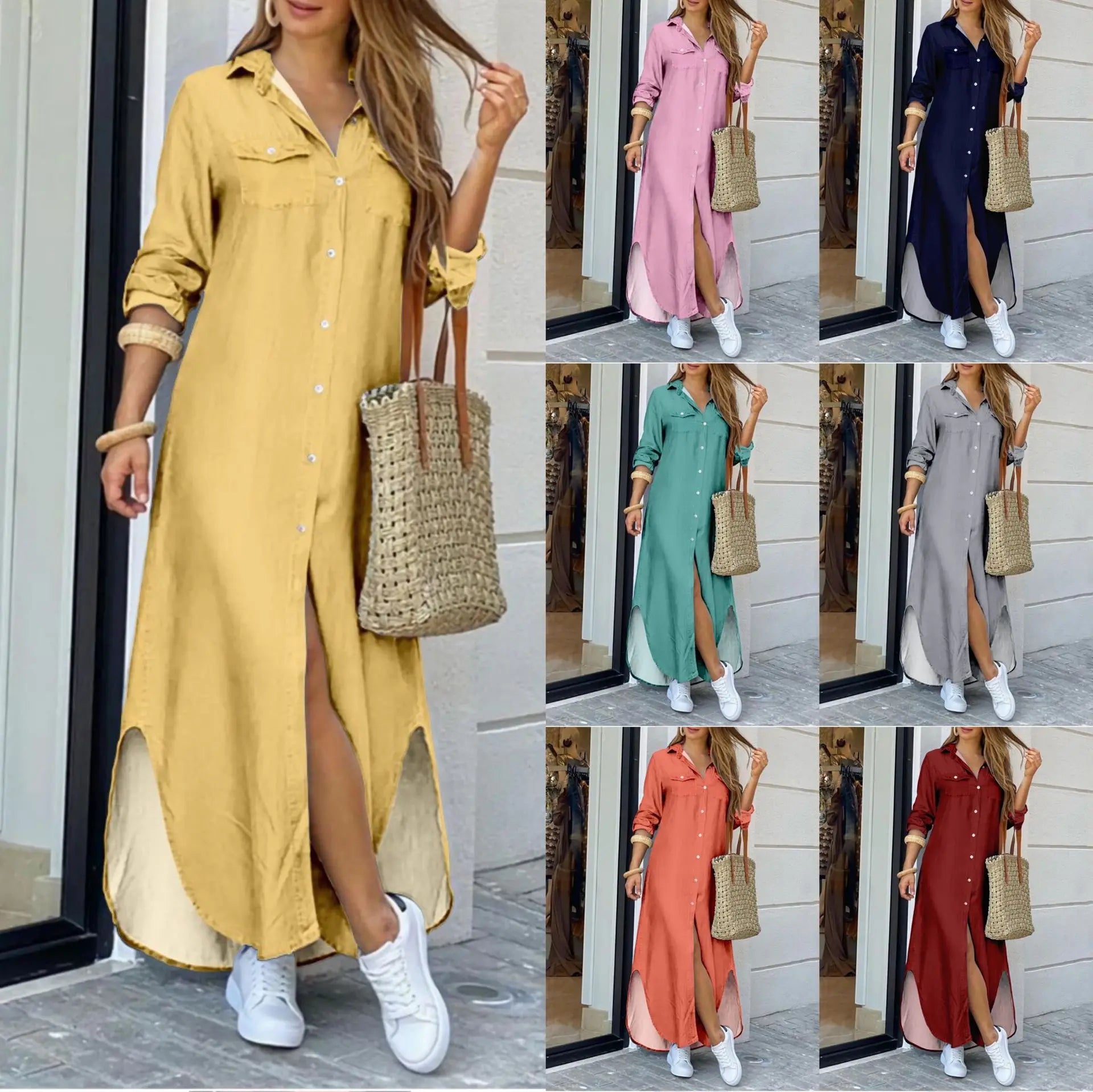 Women Blouse Dress Summer Fashion Female Pocket Button Long Sleeve Long Maxi Party Dresses LRFZ-9386 - Seprincess