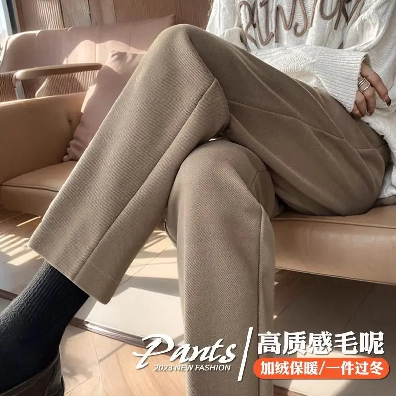 Simplicity Autumn Women Woolen Suit Pants Solid Pockets Button Elastic High Waist Fashion Straight Thicken Ankle Length Trousers