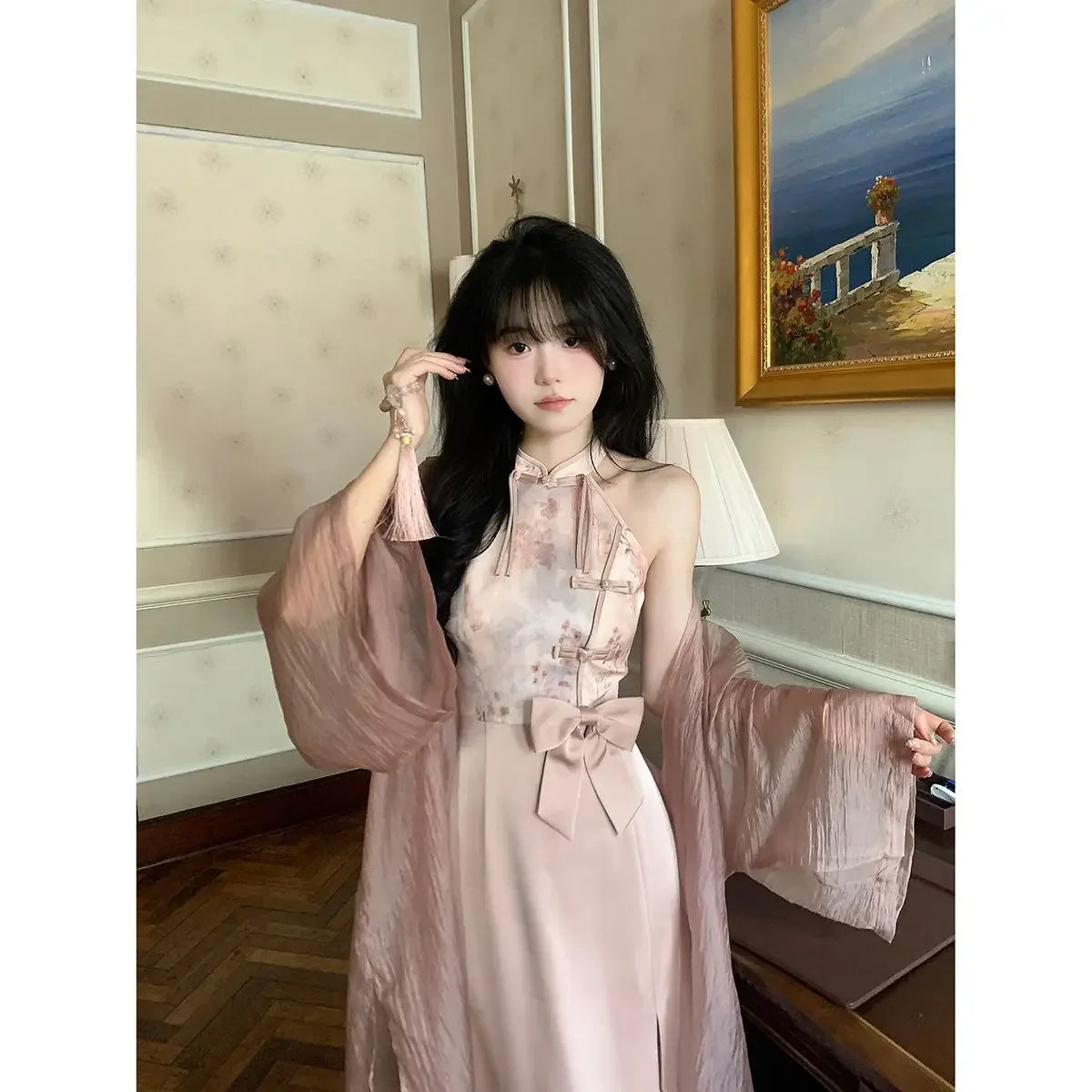 Modern Chinese Style Qipao 2024 New Improved Summer Youth New Hanging Neck Cheongsam Girl Elegant Long Dress With Shawl Women - Seprincess