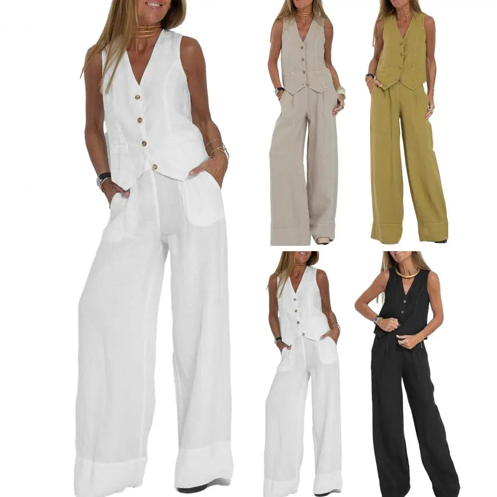 High-quality Women Suit Women Suit Set Women's Cotton Linen Wide Leg Suit Set Sleeveless Vest Long Pants Outfit for Office - Seprincess